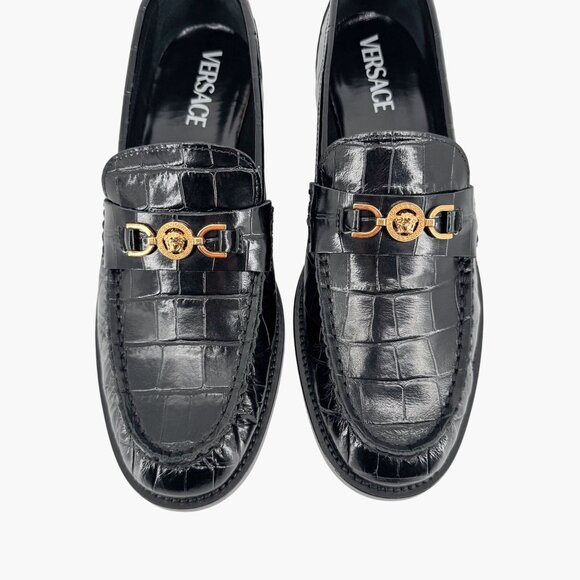 Versace Croc Embossed Medusa '95 Loafers Size 39.5 US 9.5 Black Leather Flat - Picture 3 of 15